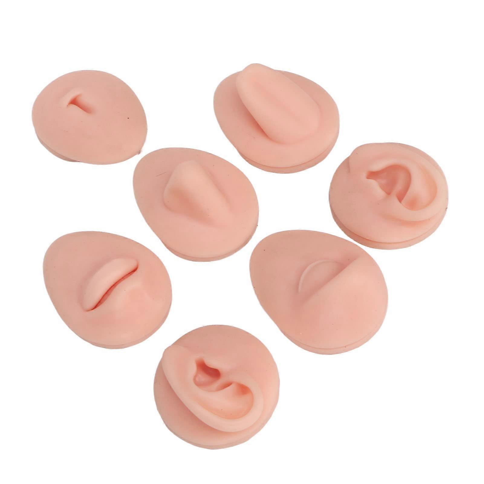 Ear Model Silicone Body Parts Piercing Practice Kit, 3D Soft Reusable Nose and Tongue Model for Body Piercers, Light Skin Color