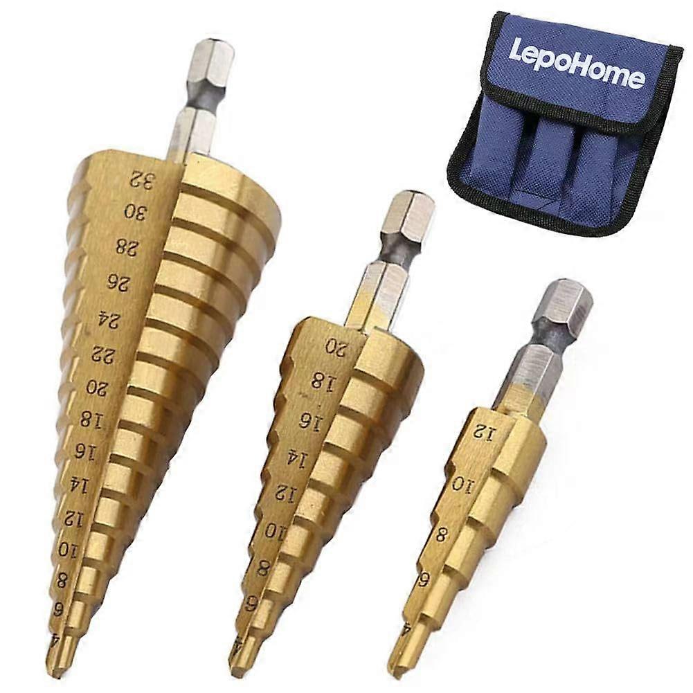 3 Piece HSS Titanium Coated Step Drill Bit Set 1/4 Hex Drive Quick Change 412mm/420mm/432mm
