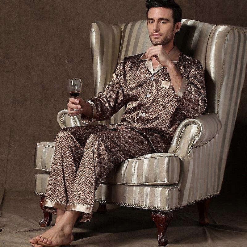 Men's Luxurious Satin Pajamas Autumn Retro Print Long Sleeve Button-Up Tops Pants Sleepwear Lounge Set Home Clothes for Man