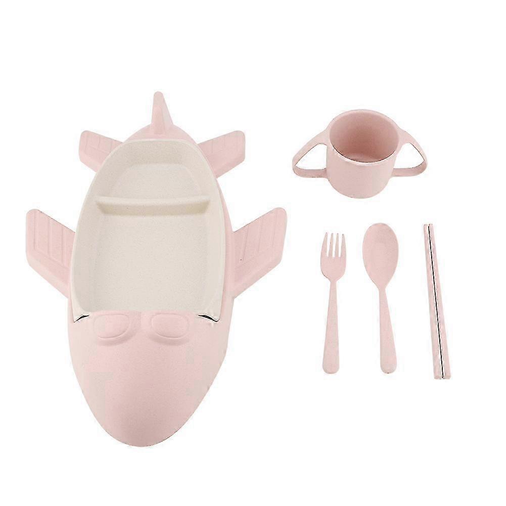 5PCS Pink Wheat Straw Kids Airplane Dinner Plates Set