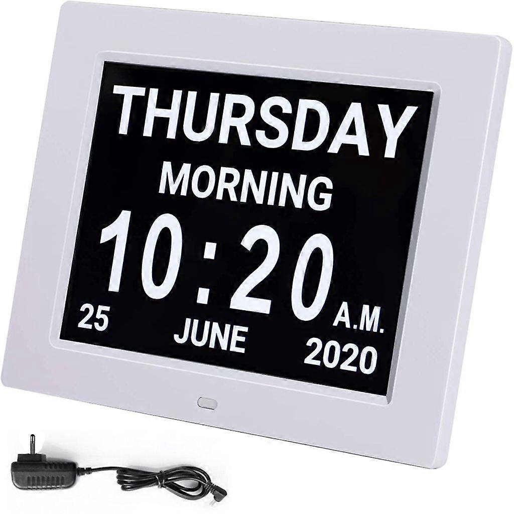 Digital Alarm Clock - 8-Inch Calendar Day Clock for Seniors and Visually Impaired, White
