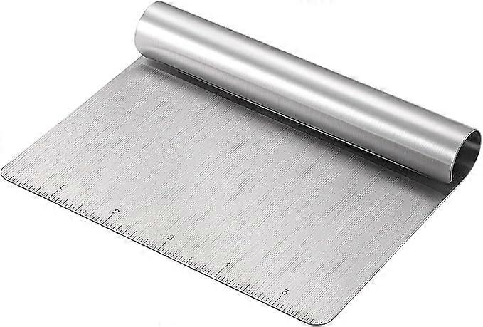 Stainless steel dough scraper with measuring scale, essential for baking, precise operation