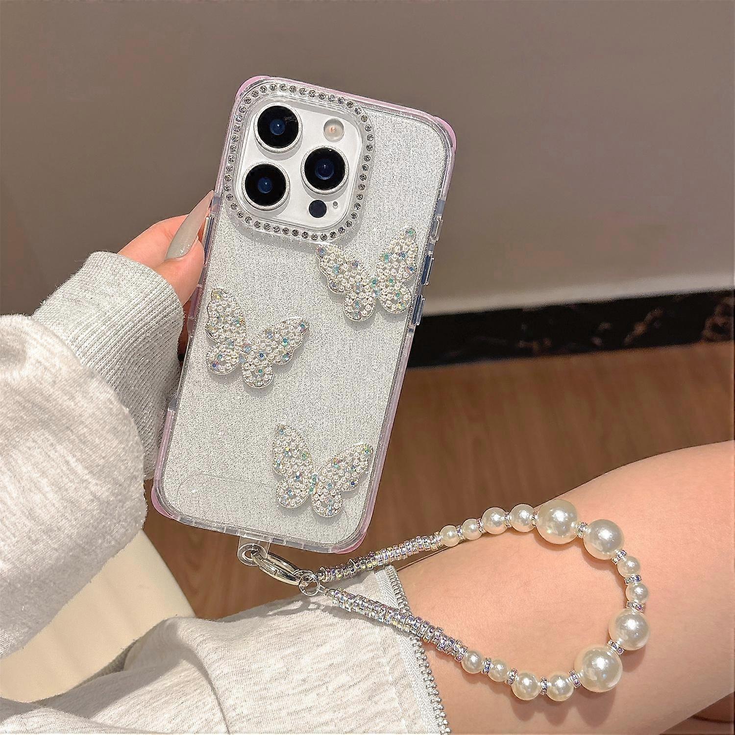For iPhone 16 Pro Case Glitter Rhinestone Decor Butterfly TPU PC Phone Case with Beaded Strap