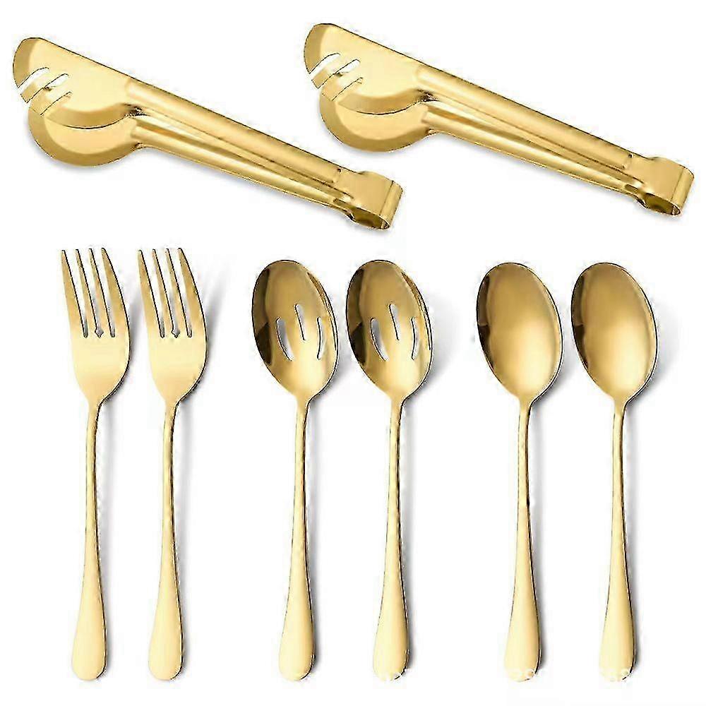 Multi-purpose stainless steel tableware set includes serving spoon, fork, colander, and food clips