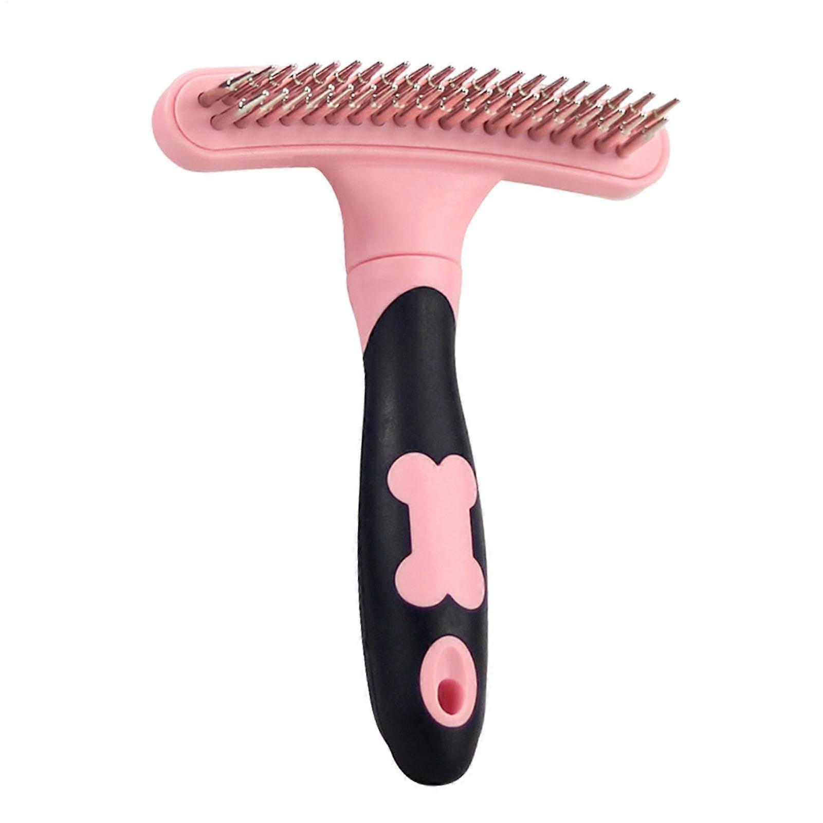 Brush for cat grooming, brush for pet grooming, doublesided hair comb and detangling tool with pins, extrawide and safe undercoat comb in pink.