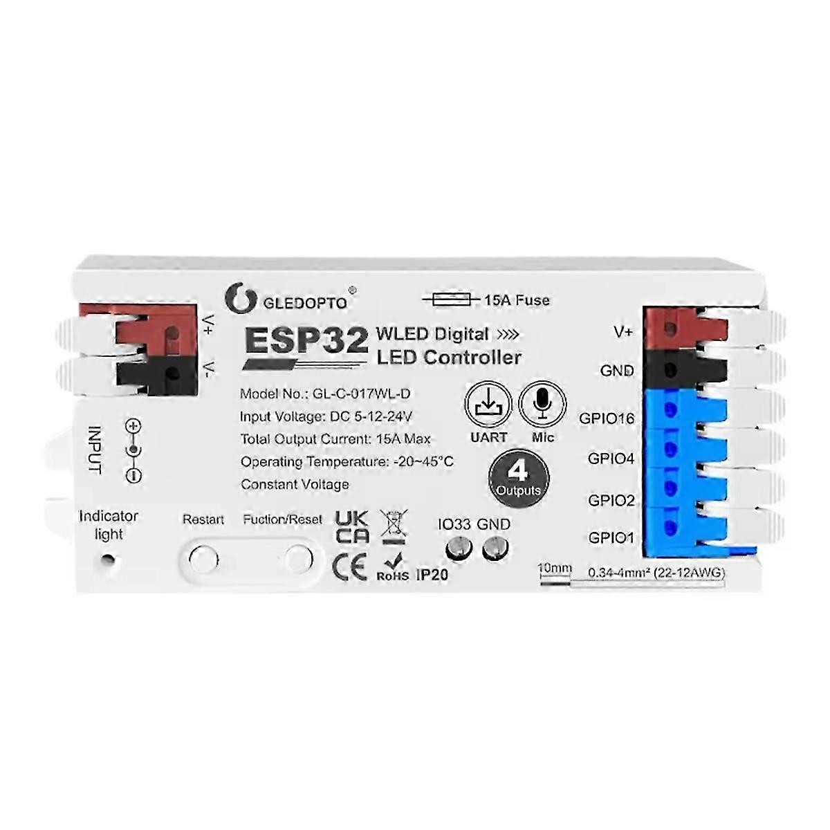 ESP32 WLED Controller with 4 Outputs 15A Fuse Mic Sound Dynamic Lights DIY Energy Saving Relay Level Shifter IC WhiteEdition 1028