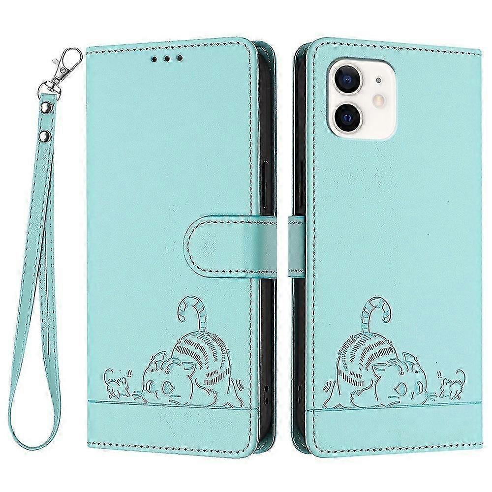 For iPhone 12 12 Pro Case with Strap RFID Blocking Leather Wallet Phone Cover Cat Mouse Pattern - Bl