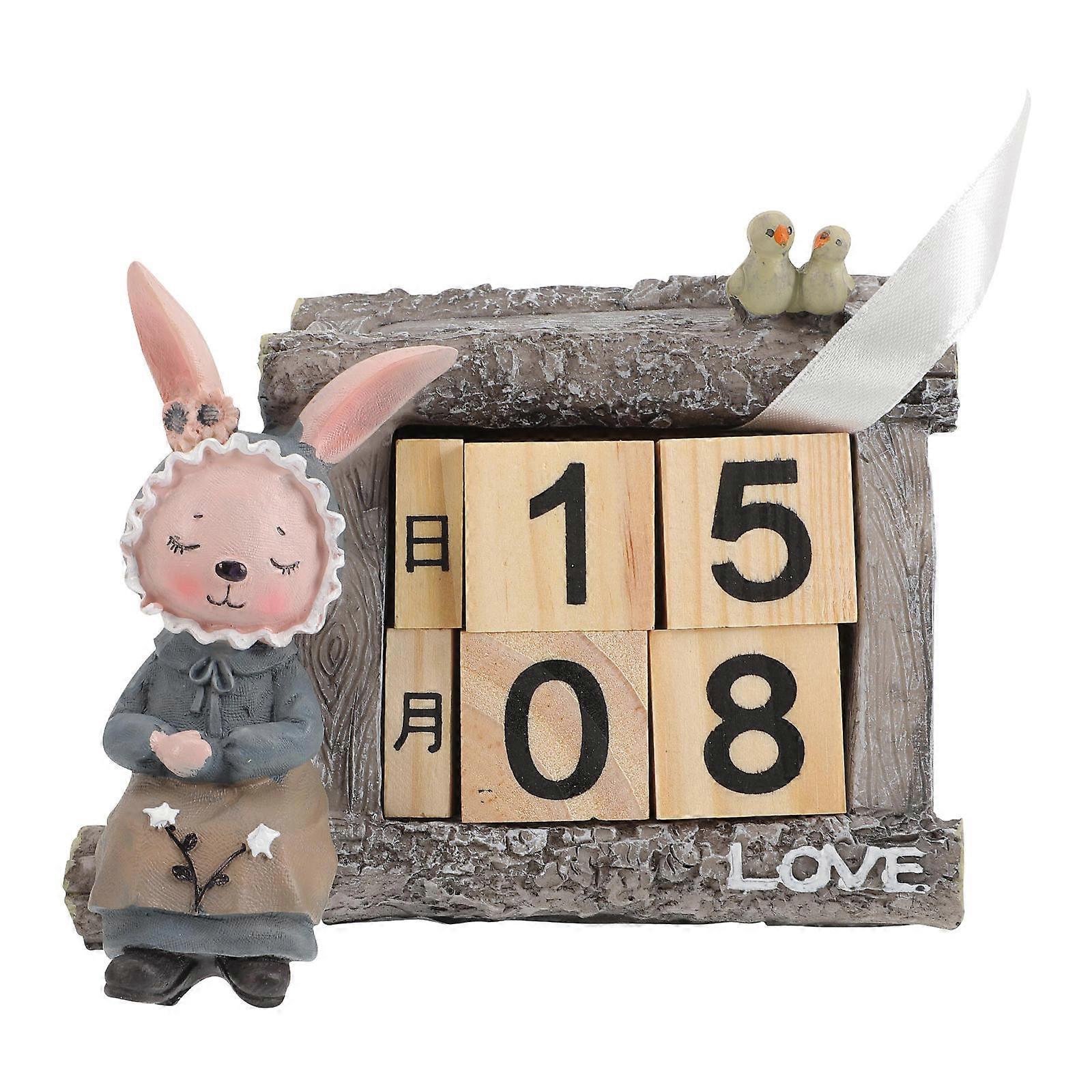 Cute Rabbit Shape Decorative Wooden Calendar Suitable For Office Use With Manual Date Adjustment 5.1X3.9X3.7In 1Pcs