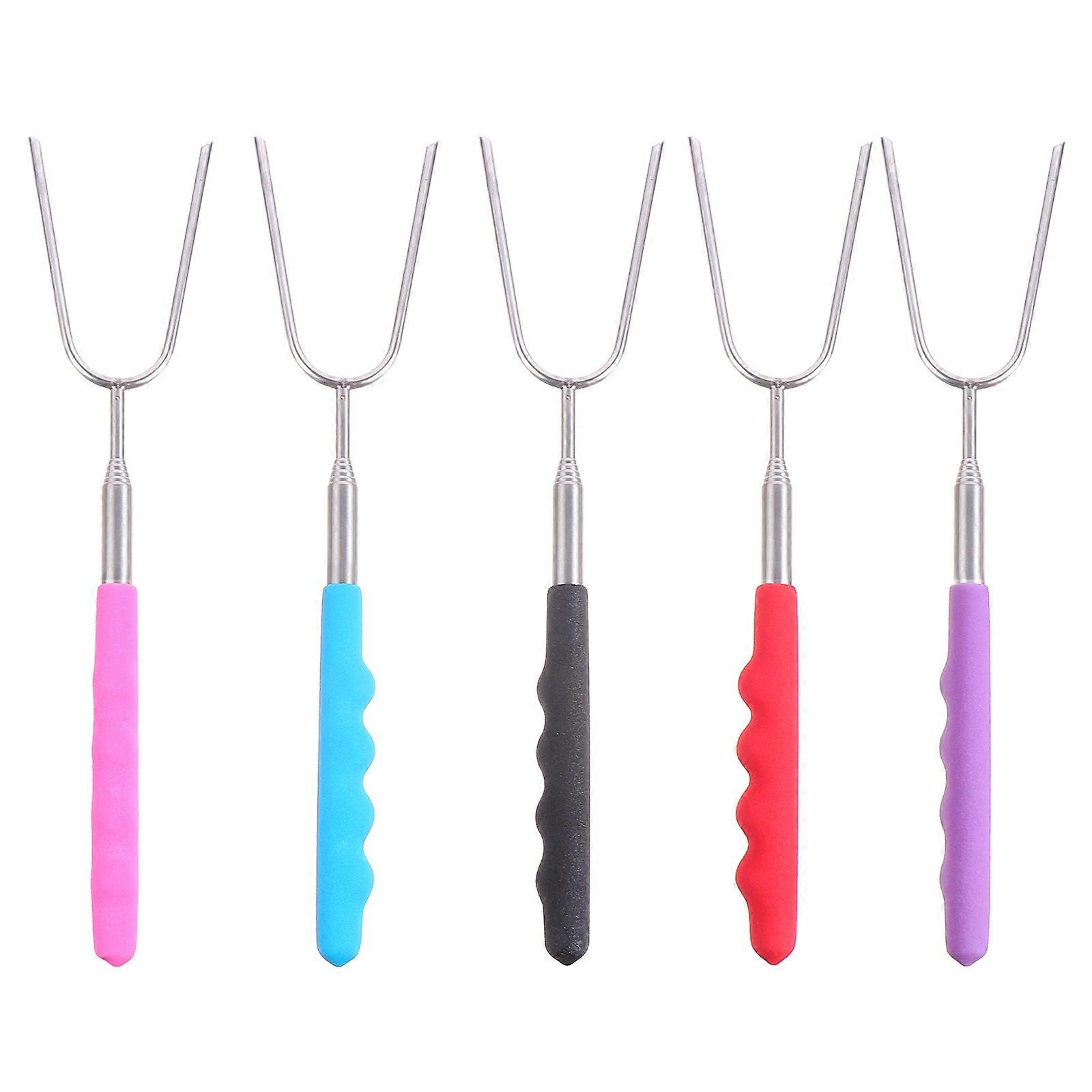 מקל צלייה הניתן להרחבה 5 סט שיפודי קמפינג מנירוסטה לצלייה עיצוב טלסקופי עמיד בחום ידית החלקה