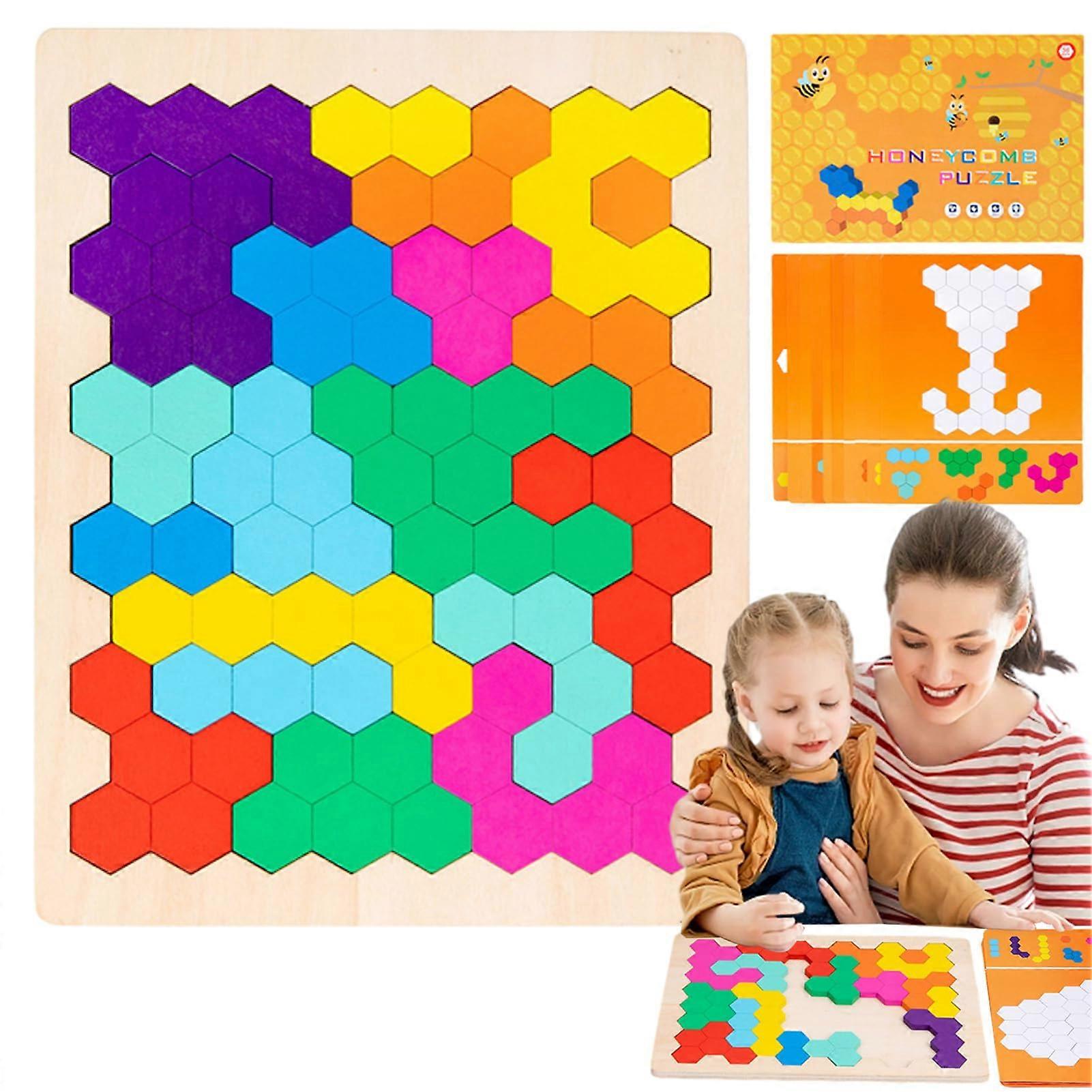 Wooden Puzzle, Tangram STEM Puzzle, Colorful Wooden Block Puzzle, Honeycomb Jigsaw Toy for Intelligence Development