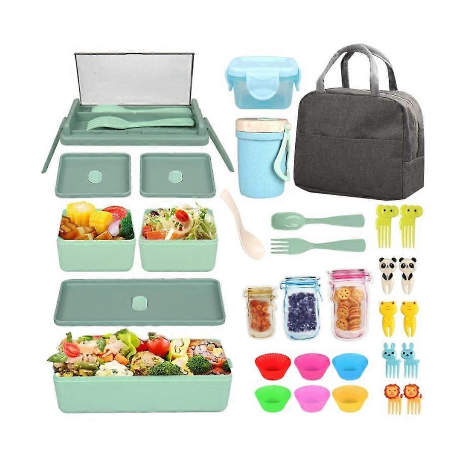 Lunch box for adults, new upgraded version, 32 pieces with accessories, large capacity and leak-proof - green