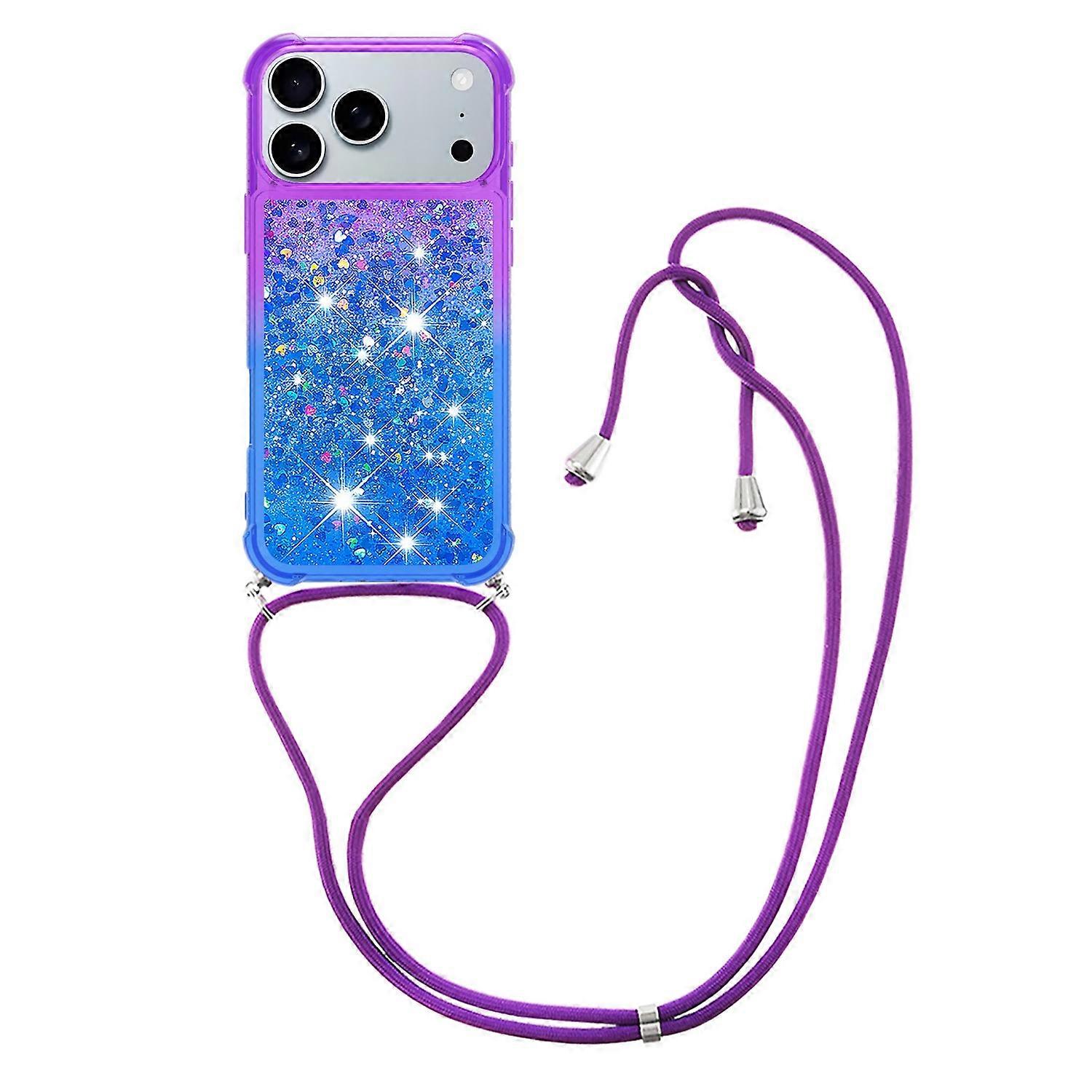 For iPhone 17 Pro Phone Case Gradient Quicksand TPU Back Cover with Long Strap - Purple/Blue