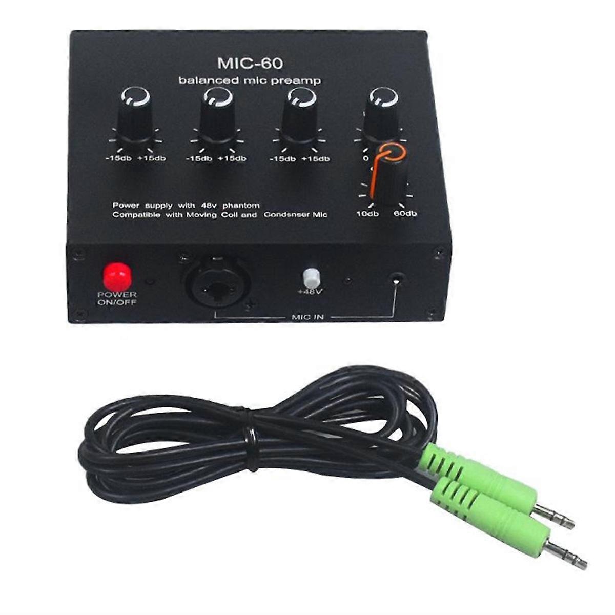 MIC-60 3-Band Equalizer Balanced Mic Preamp Microphone Preamplifier with DC Cable and Cable EU Plug