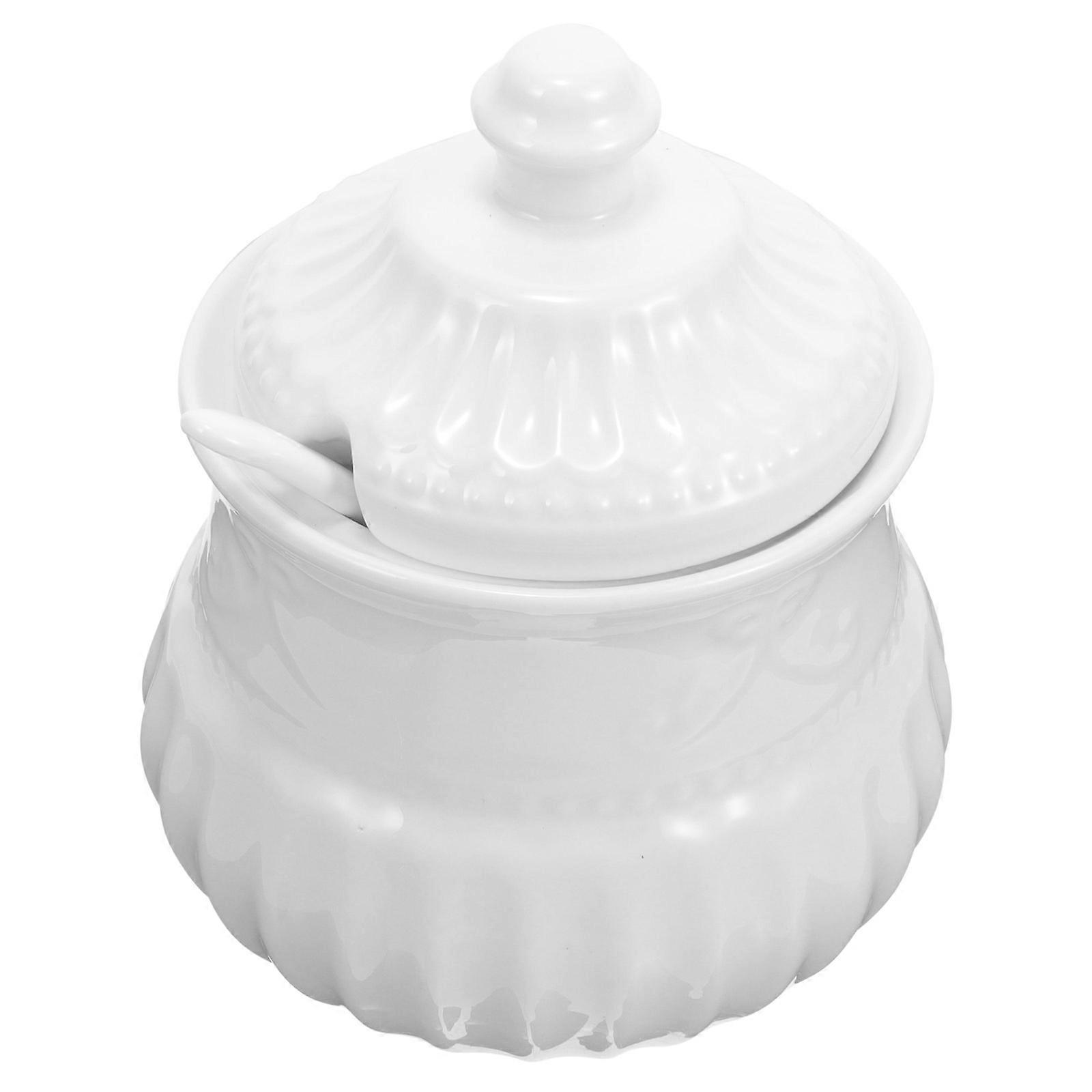 4Pcs White Ceramic Sugar Jar with Spoon for Cooking and Serving