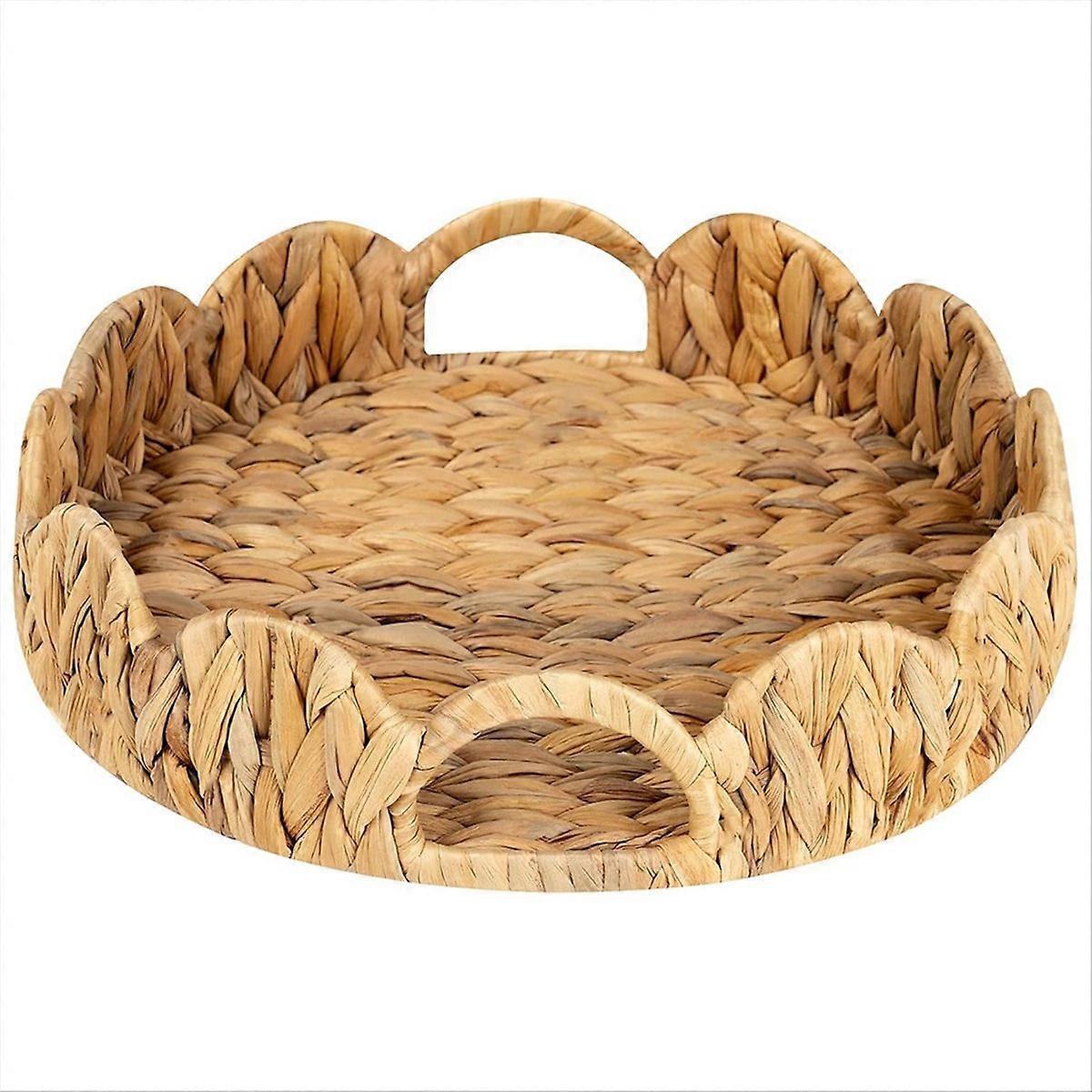 Scalloped Edge Round Tray, Round Serving Tray with Built-in Handles