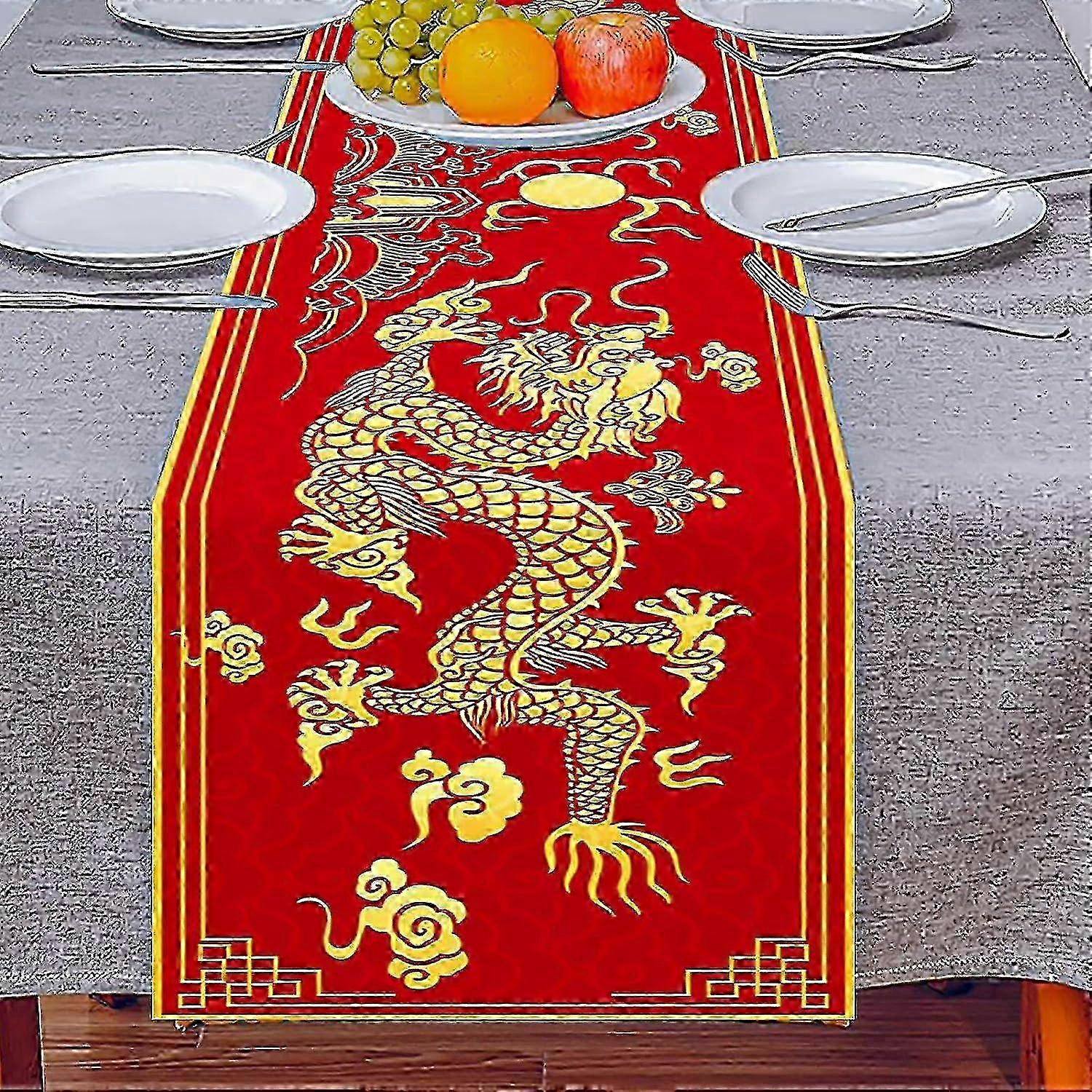 Chinese Zodiac Dragon Red Tablecloth with Table Runner & 2024 Lunar New Year Gold Dragon Printed Table Cover for Spring, 180x35cm