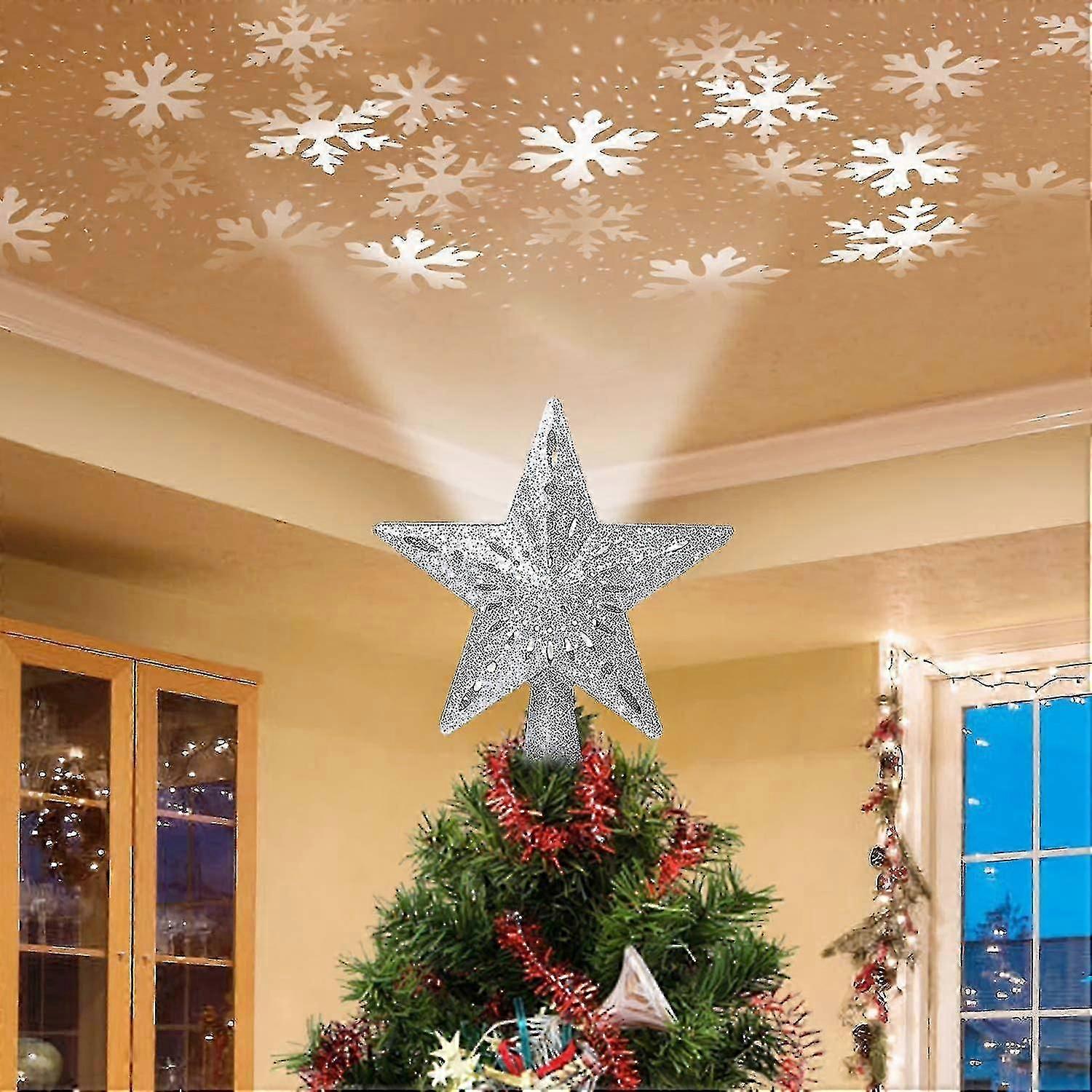 Star Christmas Tree Topper Decorations - Glittering Gold Hollow Tree Topper, Rotating 3d Projector Lamp Design Light White Snowflake For Christmas Tre