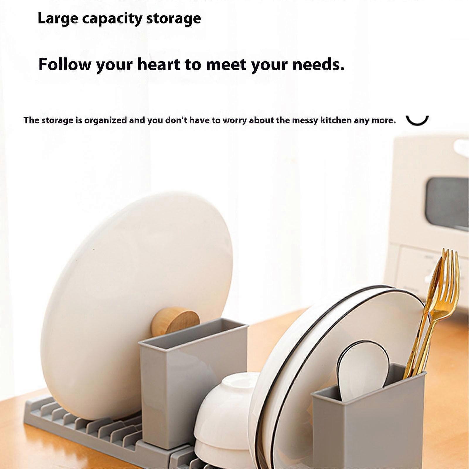 2 in 1 Foldable Dish Drainer Rack with Cup Bowl Holders, Compact Counter Dish Rack for Small House, Compatible with Chopsticks Spoons Pot Lids