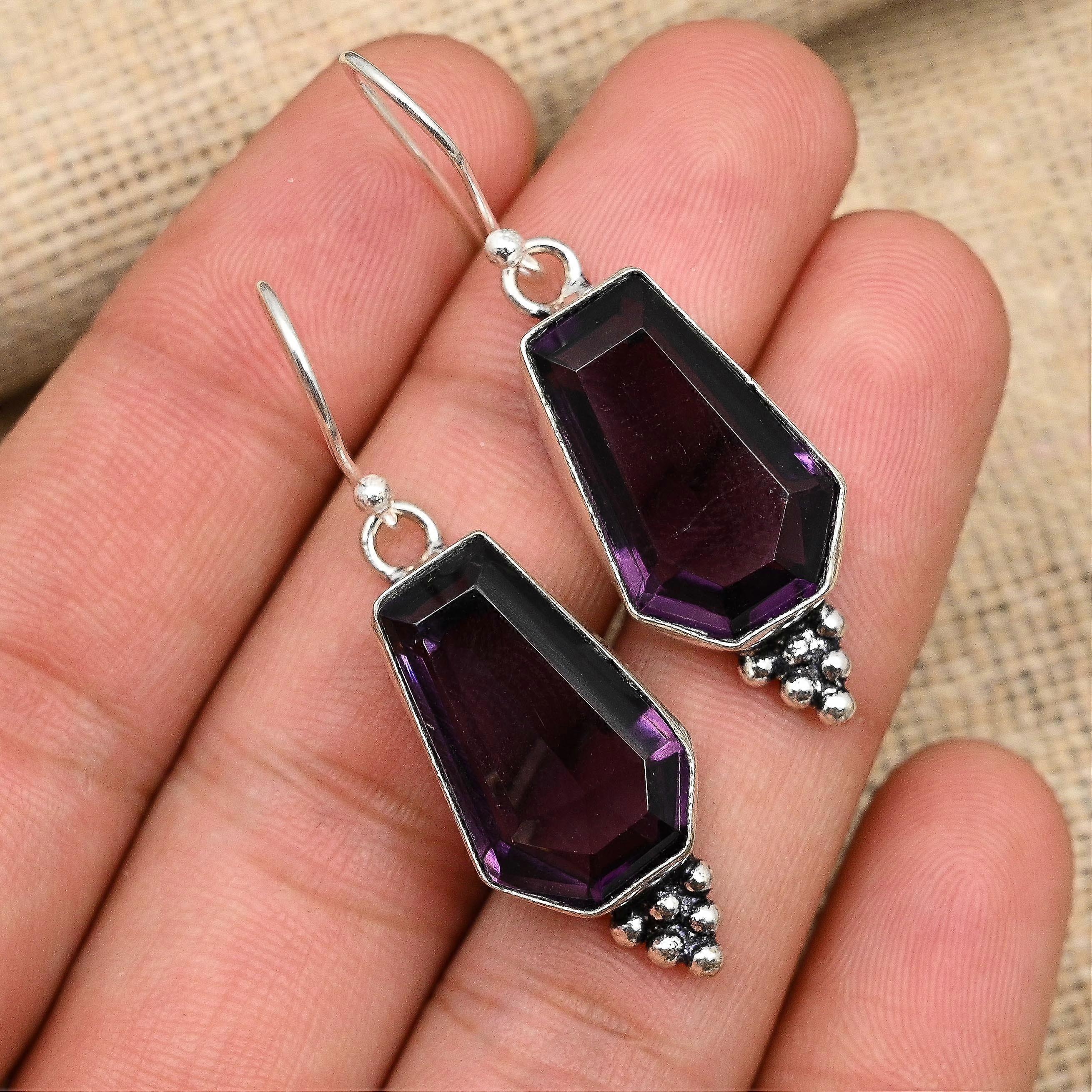 Amethyst Gemstone Handmade Solid 925 Sterling Silver Earring Jewelry For Love