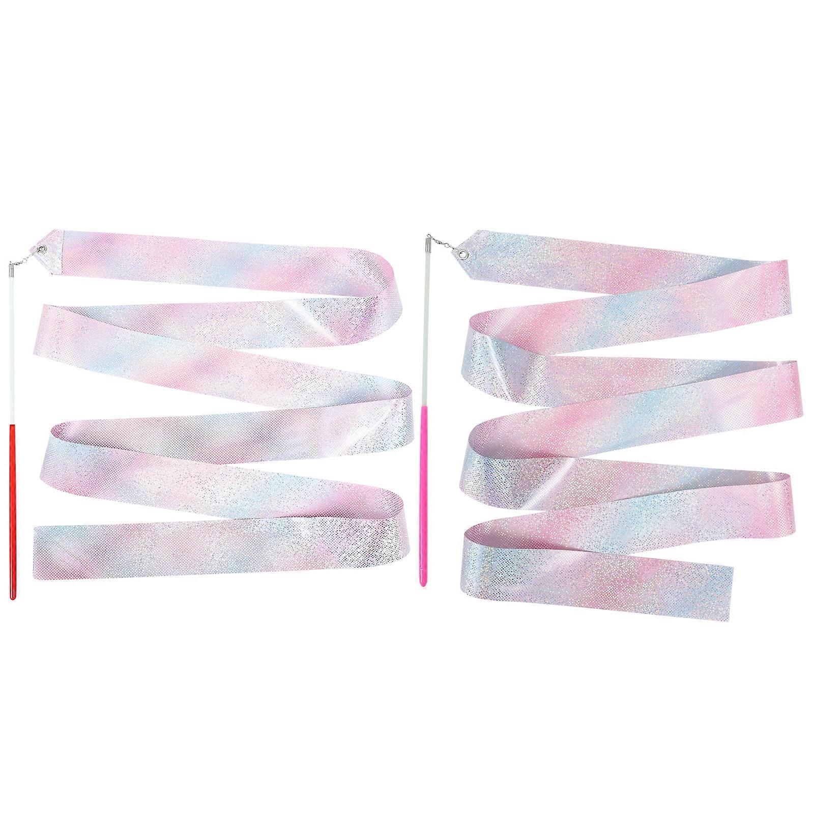 2 Pcs Children Colorful Ribbon Ballet Stick Performing Decorate Red Polyester