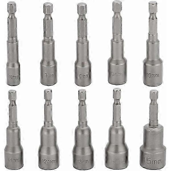 10pcs Impact Screwdriver Bit Socket 6-15mm Set Magnetic Hex Socket Set Magnetic Drill Hex Socket Set 1/4 Inch for Quick Change Chuck