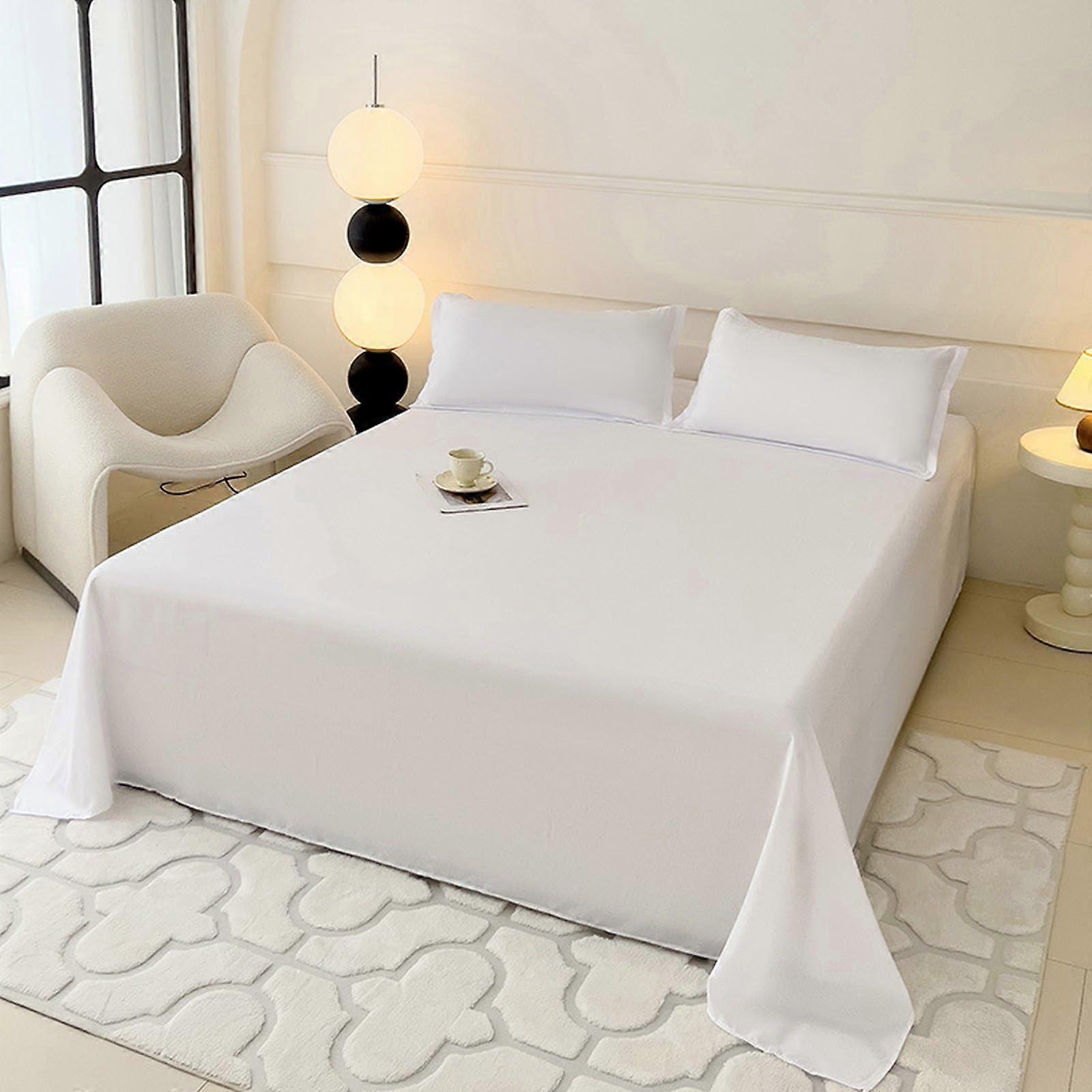 Cotton Flat Sheet Set 180x230cm with Pillowcase Soft White Fade Resistant Bedding for Comfort