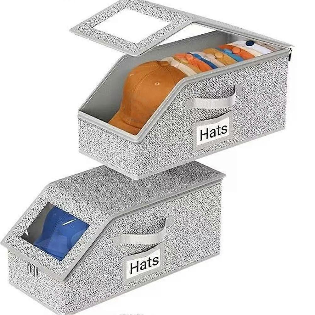 2 Pack Stackable Hat Storage Boxes with Clear Window, Cap Organizer for Closet Holds 24 Baseball Caps for Men and Women