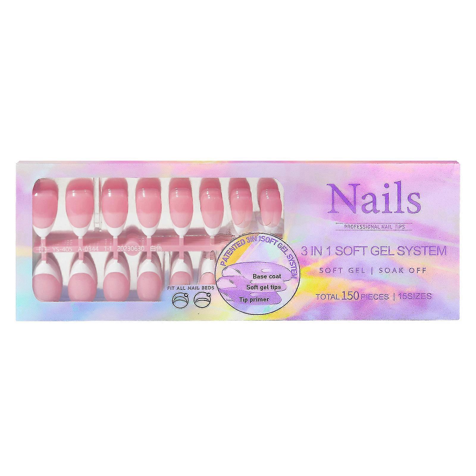 Soft Gel Nail Tips Colored Press On Nails 150Pcs 3 in 1 X Coat Tips Pre-applied Tip Primer,Base Coat One-Step False Nail Multicolor