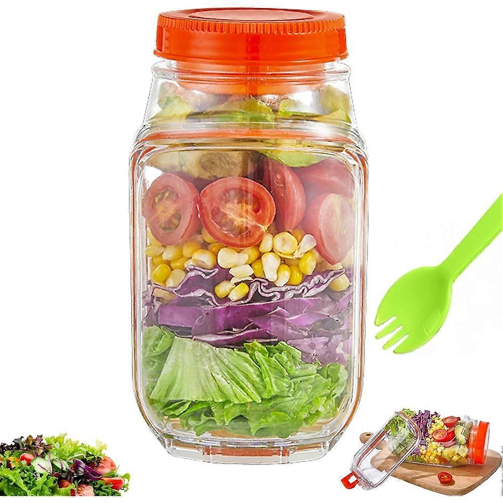 Salad Pod Mason Jar Side Open,1000 ML Leakproof Salad Jar with Side Opening for Office, Gym, Picnic - Orange