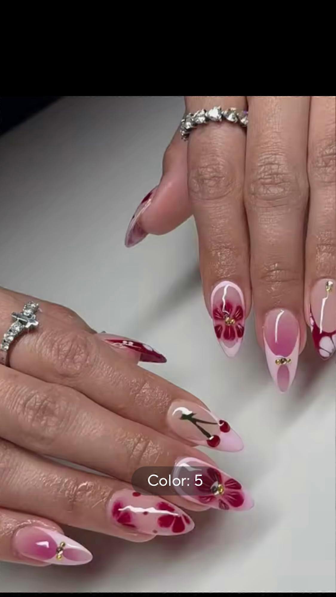 Pink Floral Press On Nails with Cherry Pattern Almond Shape, Salon Quality, Multiple Sizes
