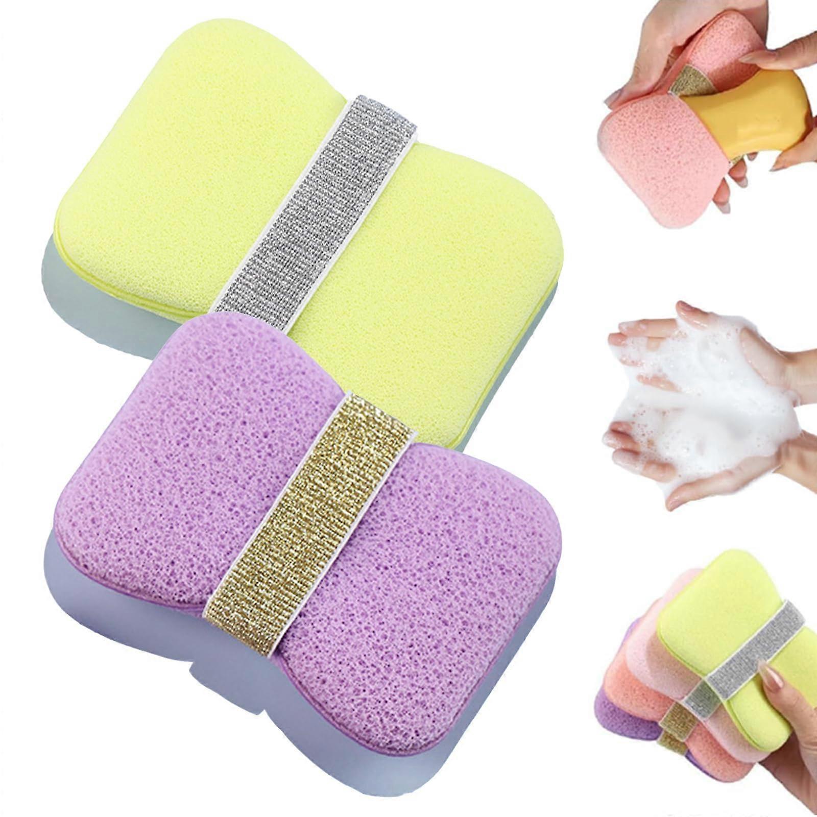Double Sided Exfoliating Bath Sponge Set 2 in 1 Body Scrubber with Soap Pouch for Deep Cleansing