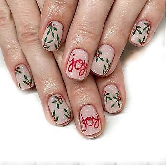 Christmas Press On Nails Square Nude Pink Matte Full Cover Holly Tree Acrylic Nail Set 24 Pcs