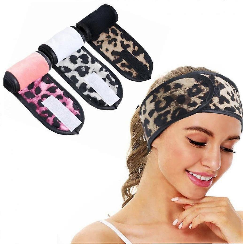 Spa Headband Set with Adjustable Magic Strap, Soft Terry Cloth, Leopard Print for Makeup and Shower