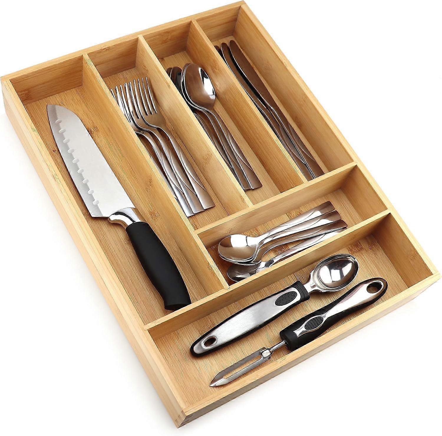 Silverware Drawer Organizer Bamboo Utensil Tray with 6 Slots for Clutter Kitchen Storage