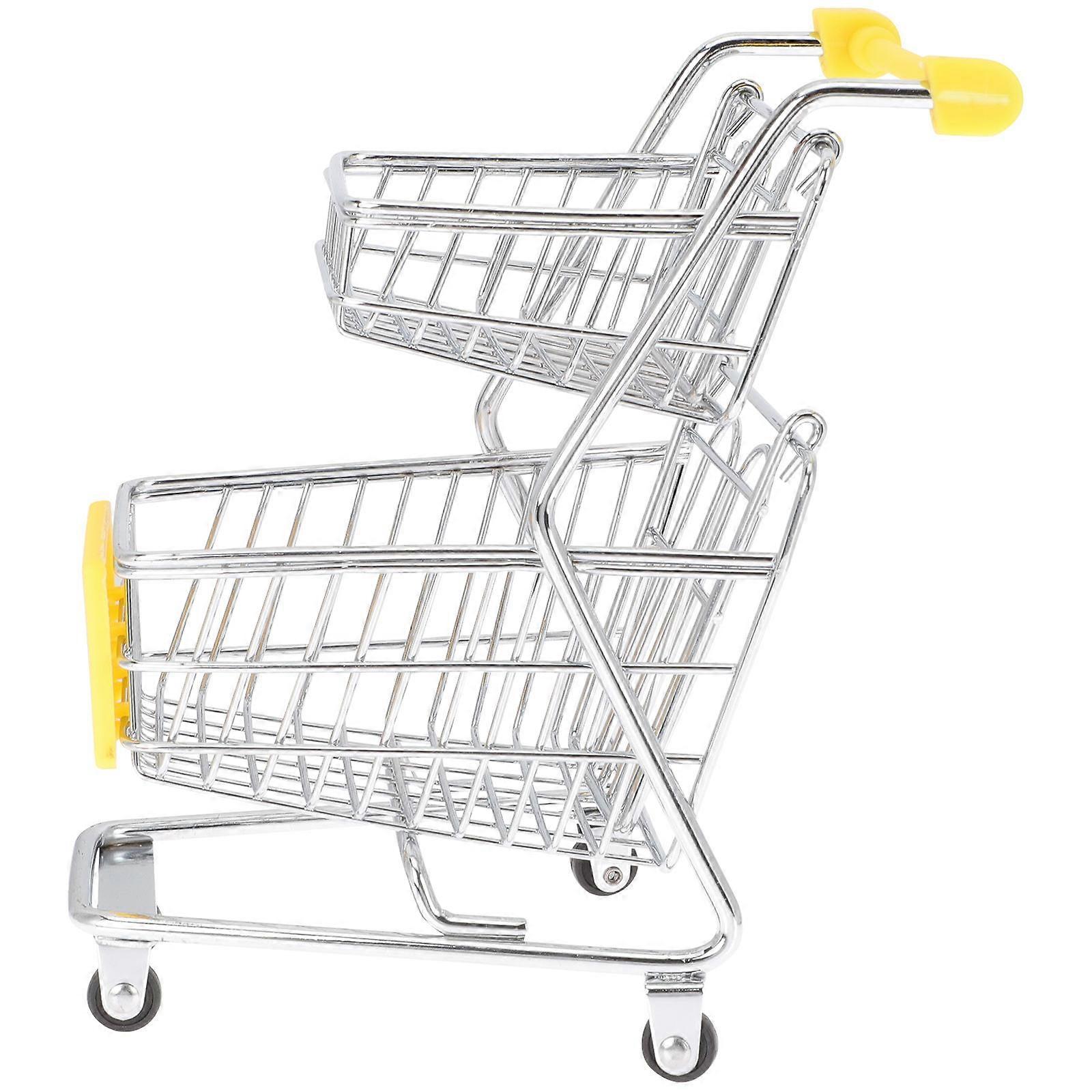 Mini Shopping Cart Model for Tabletop Decor Yellow Plastic Iron