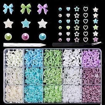 Juego de 1000 piezas de dijes para uñas 3D y perlas planas (4 colores) + lazos para uñas, estrellas, corazones, lunas, perlas blancas de 2-4 mm para arte de uñas DIY – Compatible con