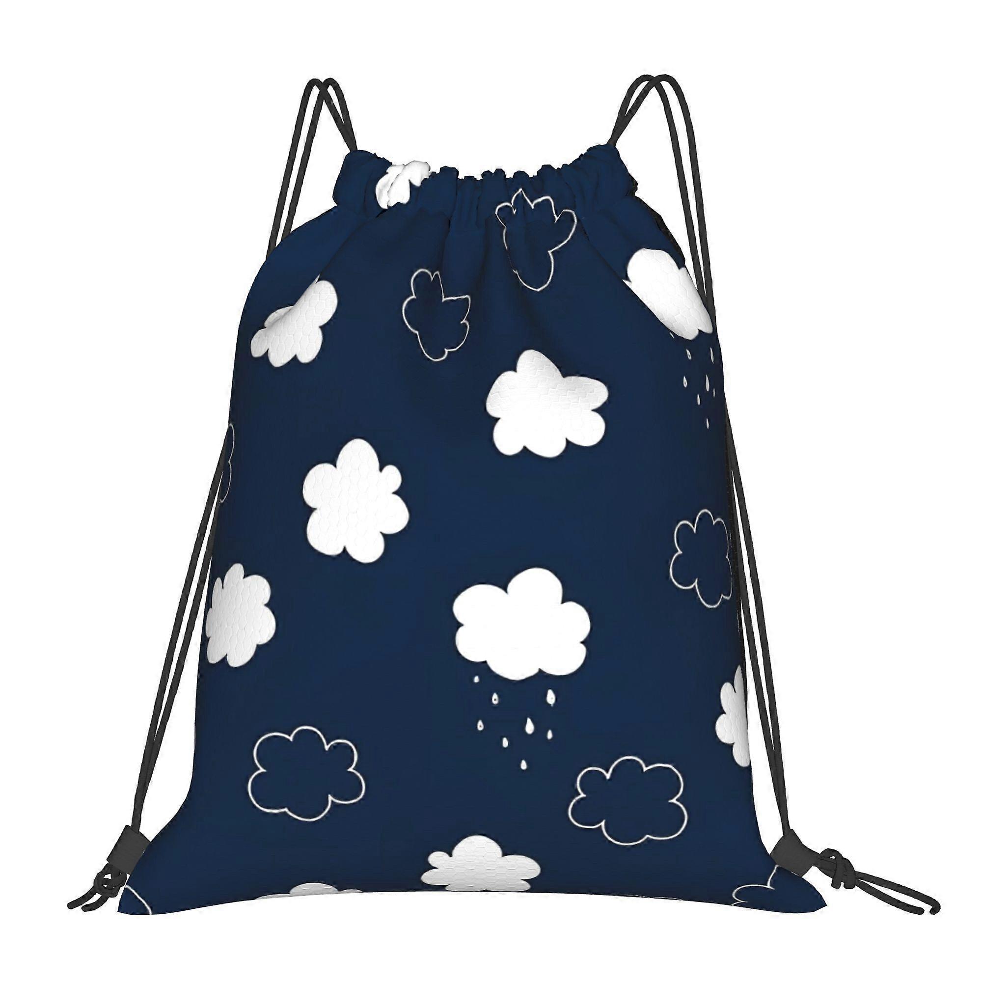 Cloud Pattern Drawstring Backpack - Navy Blue with White Clouds, Adjustable Straps, Utility Pockets, Machine Washable Po-Cqazw