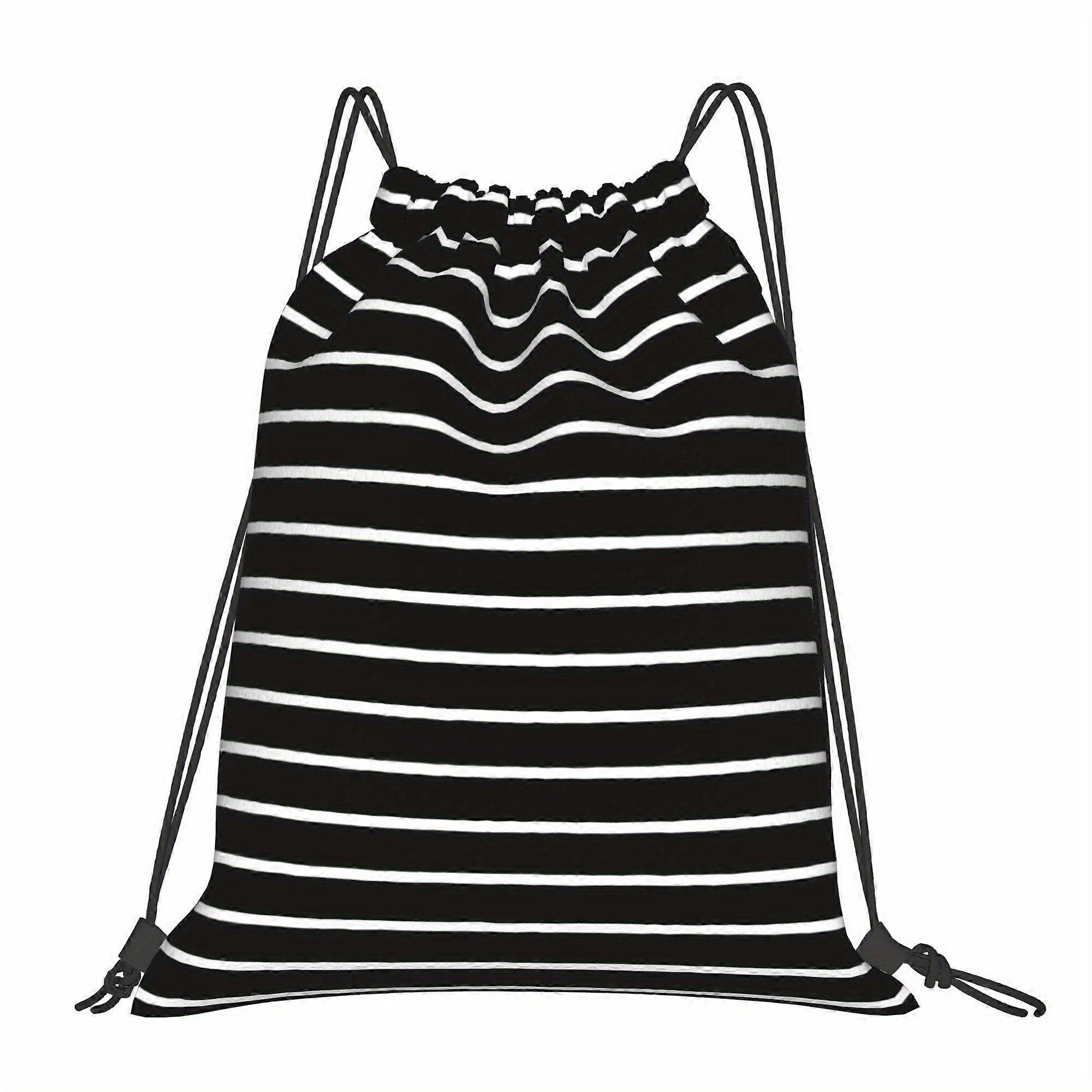 1pc Black & White Horizontal Striped Drawstring Backpack | Soft Shell With Practical Pockets, Adjustable Drawstring Clos-Gqazw