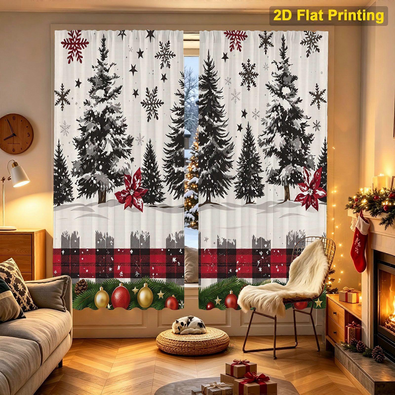 Printed Curtain Featuring pine forest snowflakes