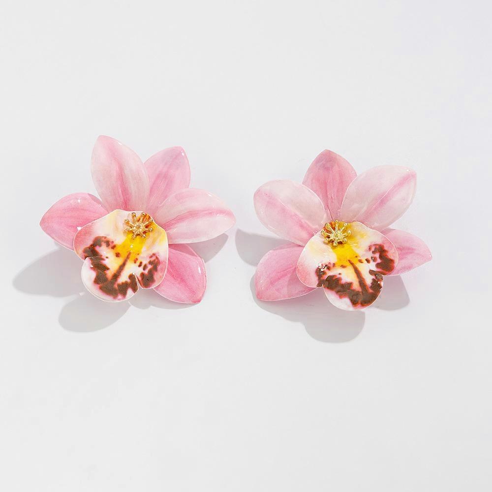 Cloth Flower Stud Earrings Pink 70x70mm