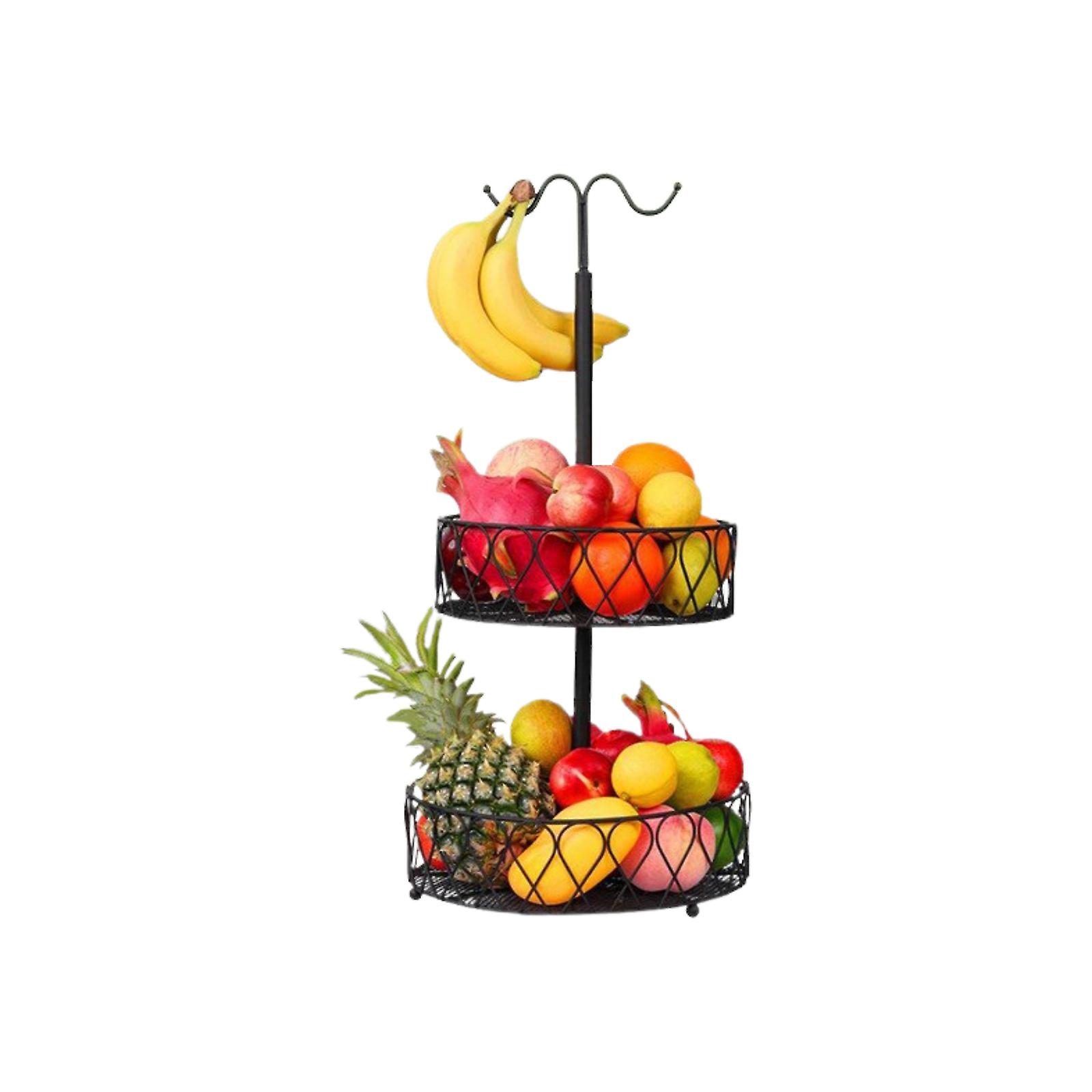 2 Tier Fruit Holder With Banana Hanger And Detachable Baskets - Black Metal Kitchen Shelf For Sorting And Storage