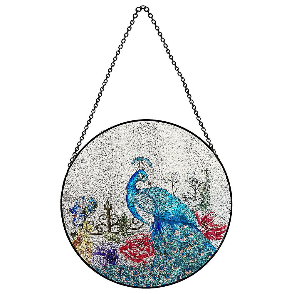 Colorful Peacock Painted Glass Panel with Chain Charming Home Hanging Decoration for Enterance Wall Balcony