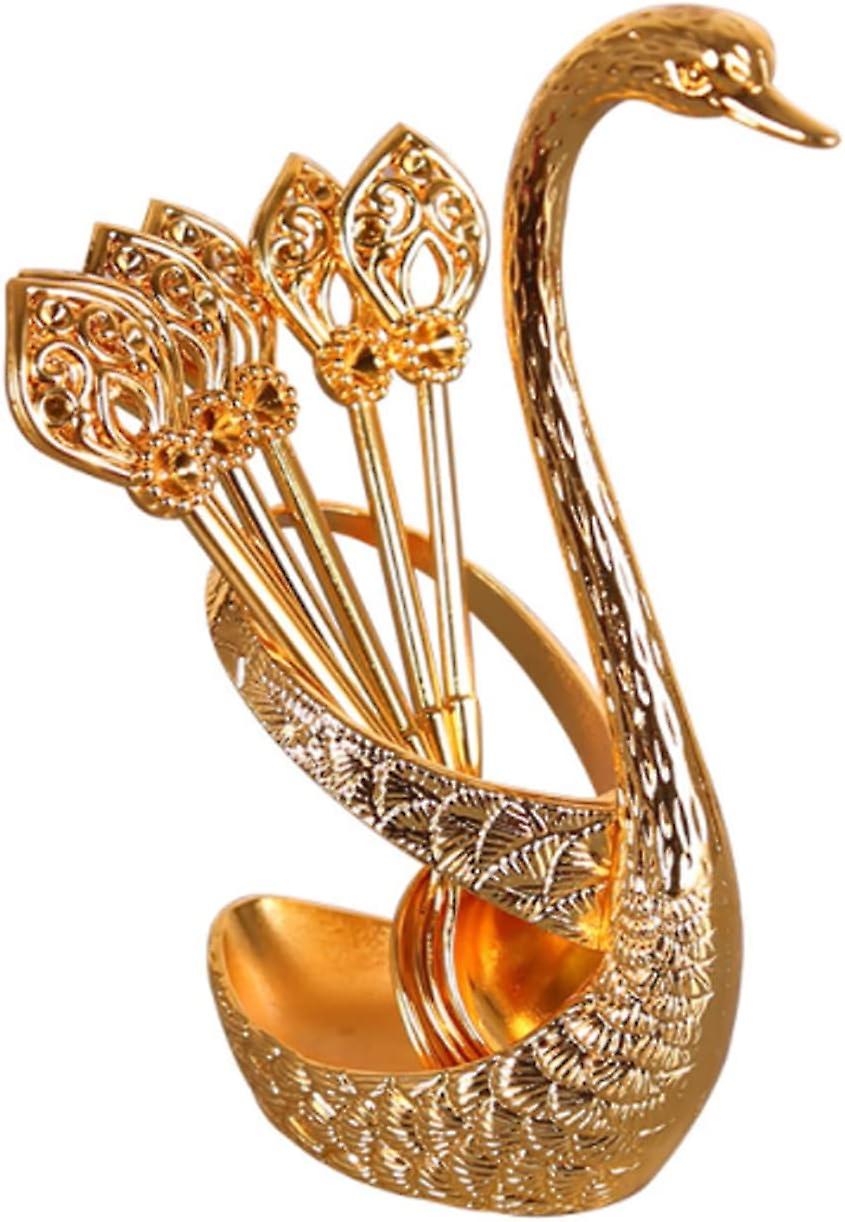 6 قطع ملاعق قهوة مع حامل البجعة ملاعق صغيرة ملاعق حلويات ، مجموعة ملاعق على شكل بجعة ، ملاعق قهوة ذهبية عتيقة مع حامل مجموعة أدوات المائدة أسفل البجعة