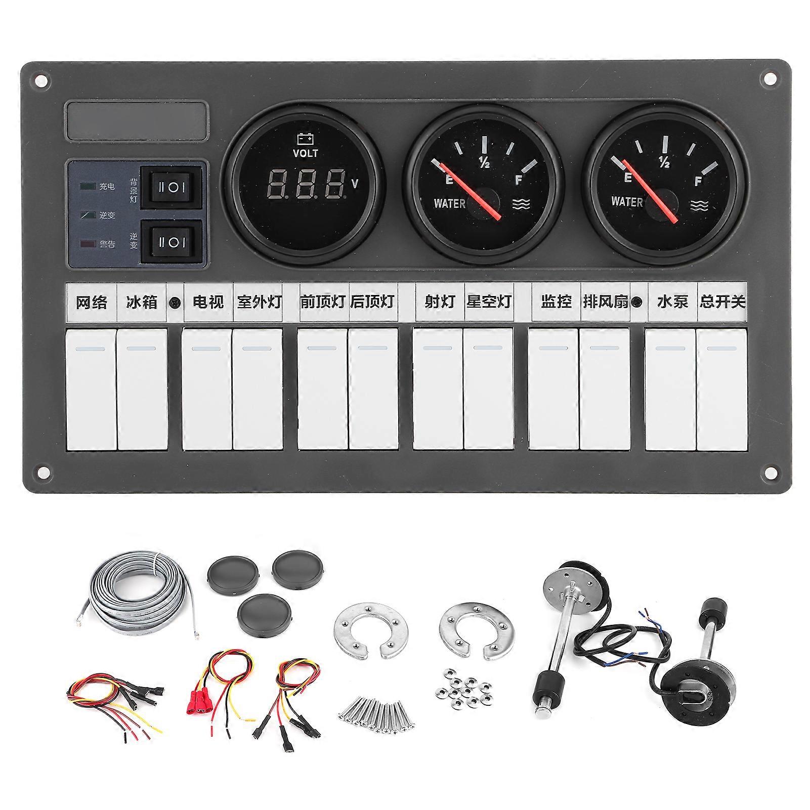 RV Mechanical Control Panel 12Way Circuit Switch with Voltmeter Water Level Meter Easy Installation E2U611