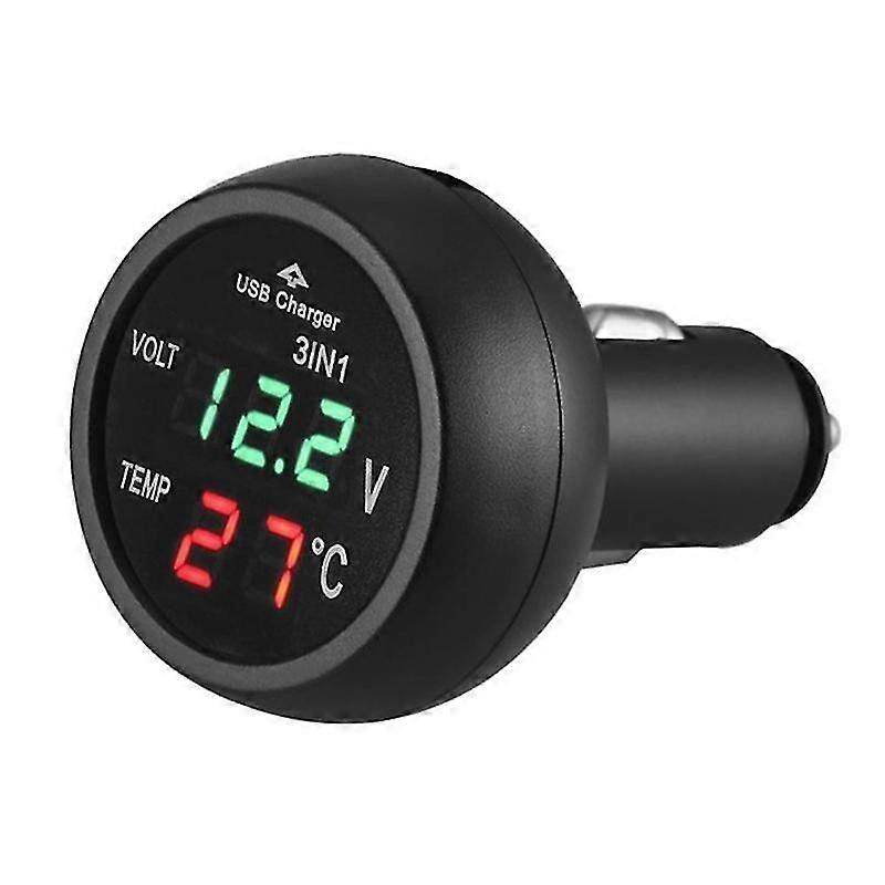 3 i 1 12/24v bil auto ledet digital voltmeter meter termometer usb lader