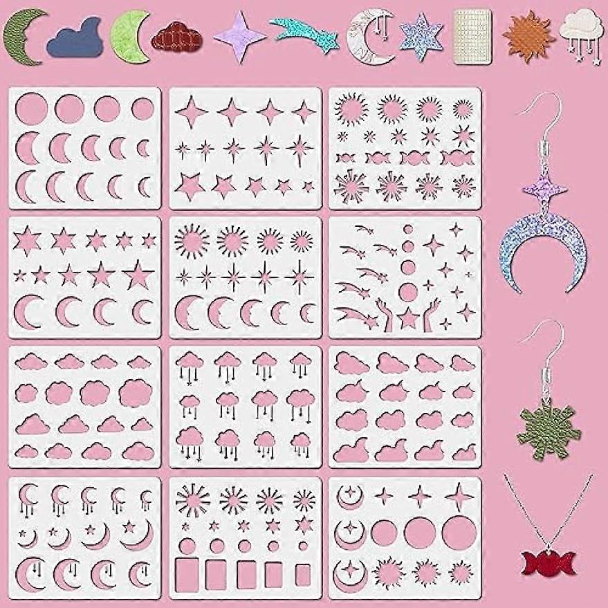 12 Styles Reusable Leather Weather Shape Earrings Making Templates Sun Meniscus Star Cloud Snowflake Raindrop Painting Templates Plastic Cutting Stenc