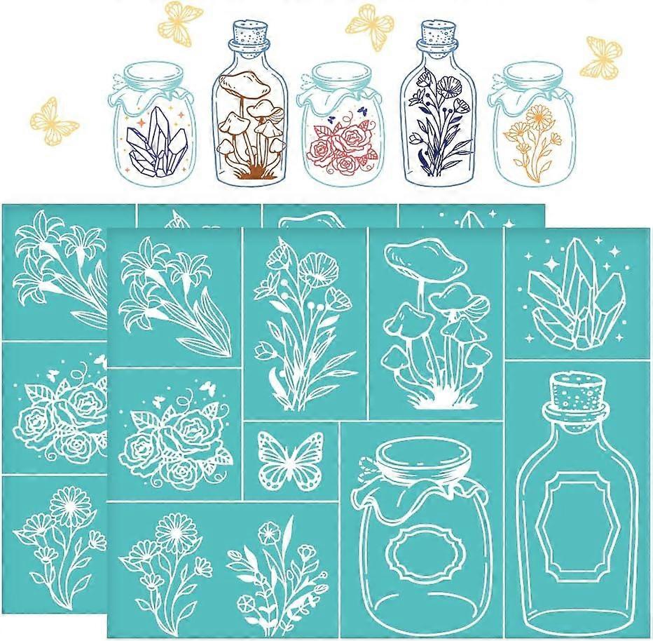 2Pcs 11x8.6 Inch Layered Jars Self-Adhesive Silk Screen Printing Stencil Bottles Flowers Silk Screen Stencil Fantasy Theme Mesh Stencils Transfer for 