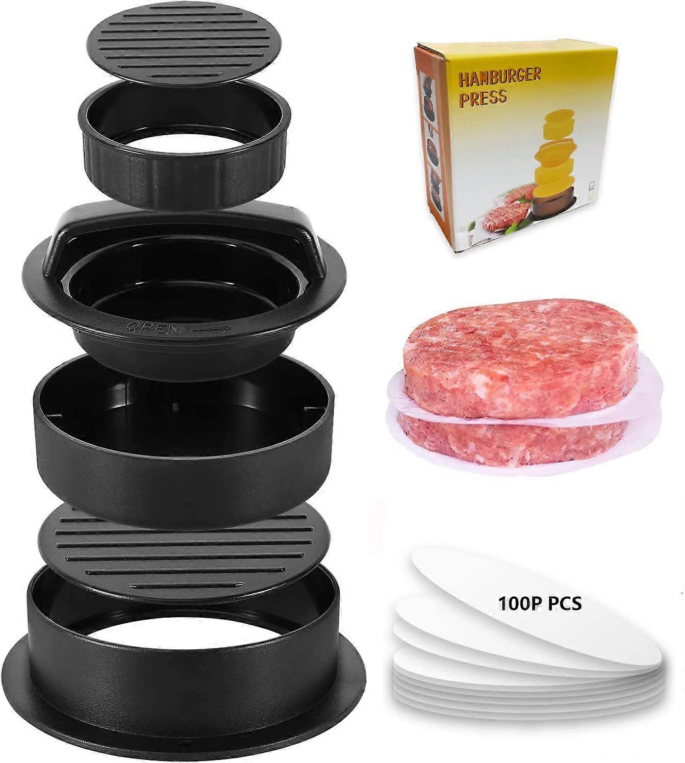 Burger Press with 100 Wax Paper  3 in 1 Non-Stick Burger Maker Press  Perfect Circular Patty Maker Kit