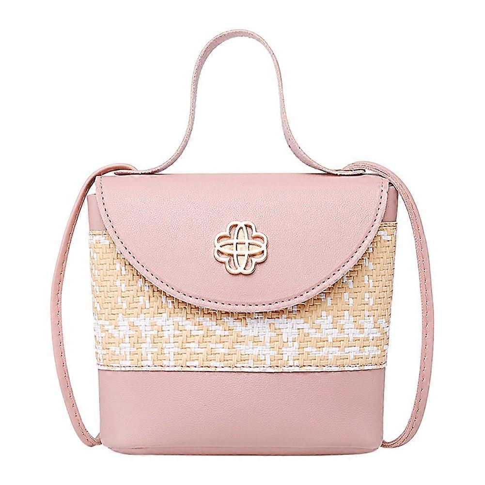 Straw Woven PU Crossbody Bag Women Color Contrast Flower Small Handbag Bucket Bag Purse New