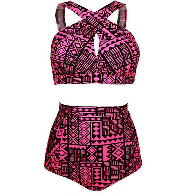 Plus Size Women Halter Push Up Stripe High Waist Swimwear Set Red